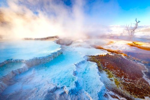 Mamutí horké prameny - rozsáhlý komplex horkých pramenů na severu Národního parku Yellowstone