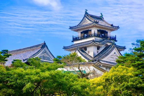 Hrad Kóči obklopený zelení, jeden z nejzachovalejších historických hradů v Japonsku.