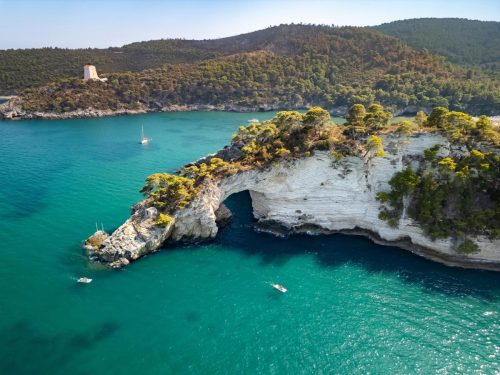 Tyrkysové moře a skalnaté pobřeží národního parku Gargano