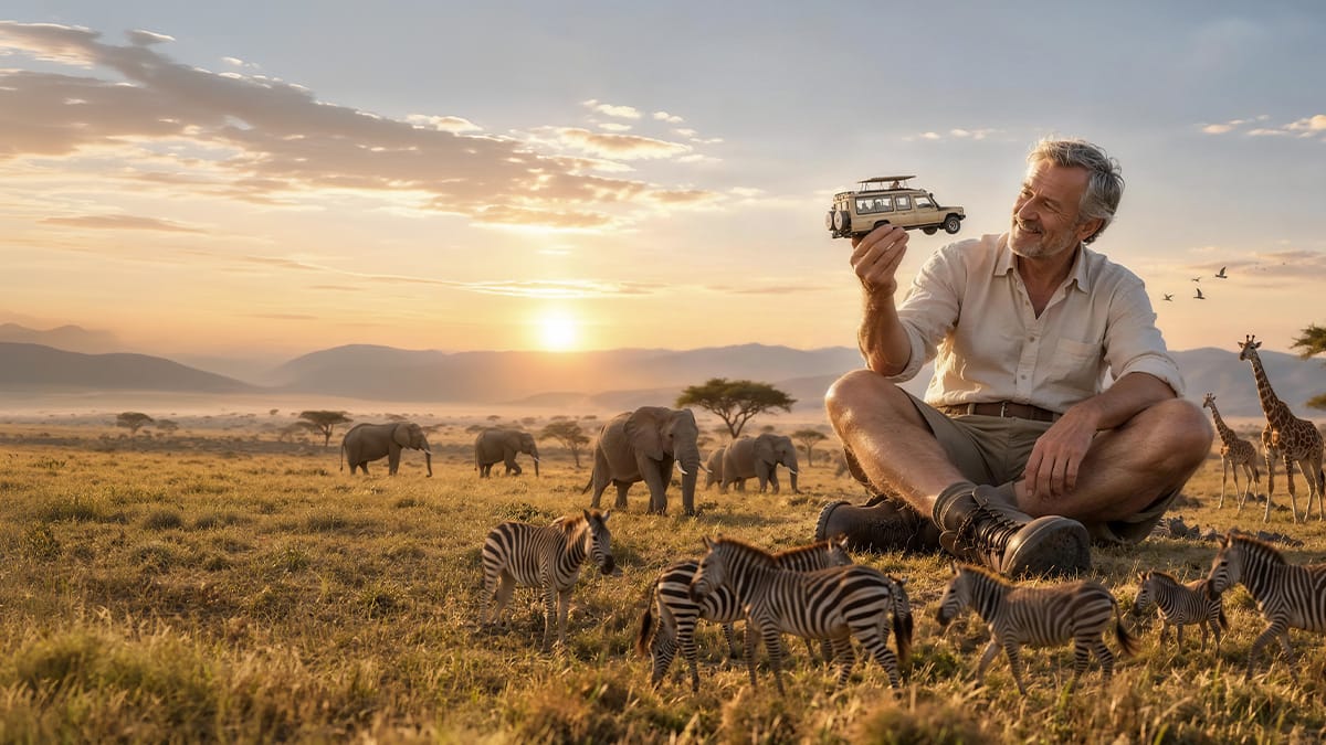 Exotikuj - senior si na safari hraje se safari autem
