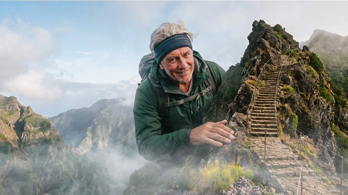 Turistikuj - turista v seniorském věku v nadživotní velikost na Madeiře